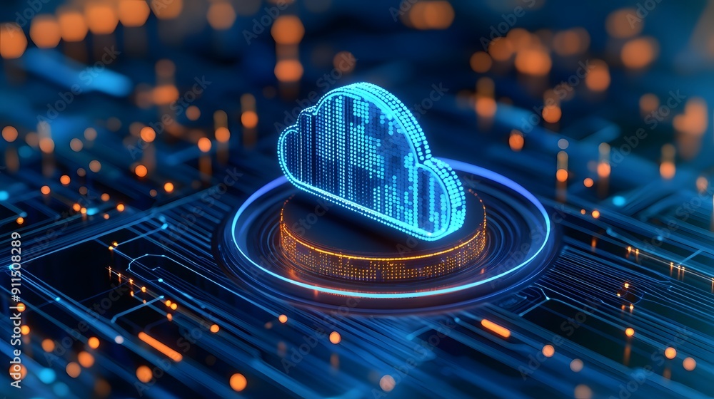 Poster futuristic visualization of cloud computing technology, with illuminated digital circuits and data r