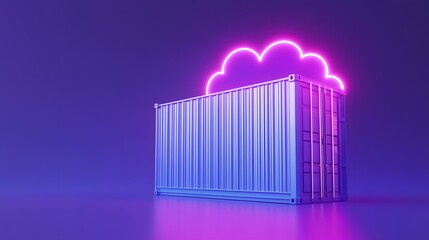 Obraz premium Futuristic storage concept. Neon cloud above a shipping container in a purple space, symbolizing digital and physical data storage fusion.