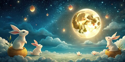 Mid autumn festival  with rabbits in the night sky, mid autumn, festival, , rabbits, night sky, moon
