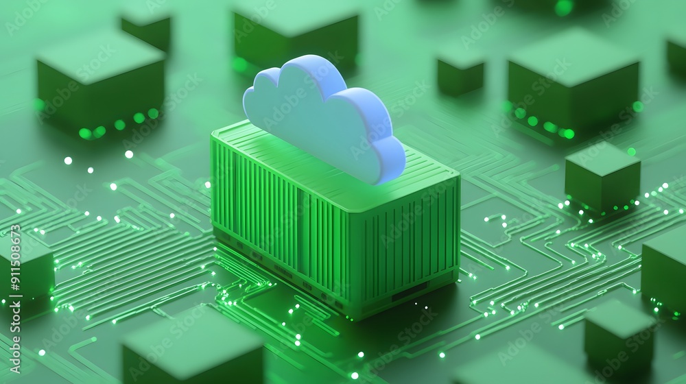 Poster green cloud computing concept with central cloud icon on a circuit board showing interconnected data