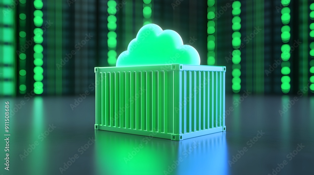 Poster green cloud icon in container symbolizing cloud storage and data servers with green digital matrix b