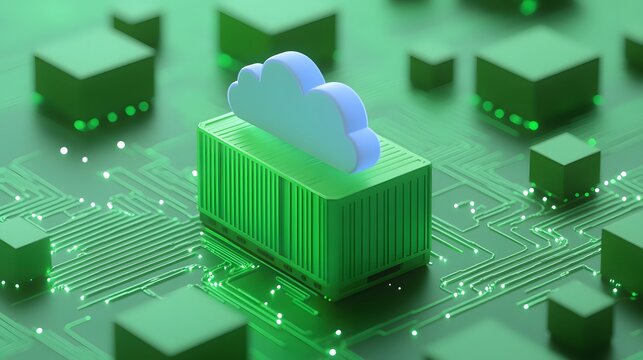 Green cloud computing concept with central cloud icon on a circuit board showing interconnected data storage and processing units.