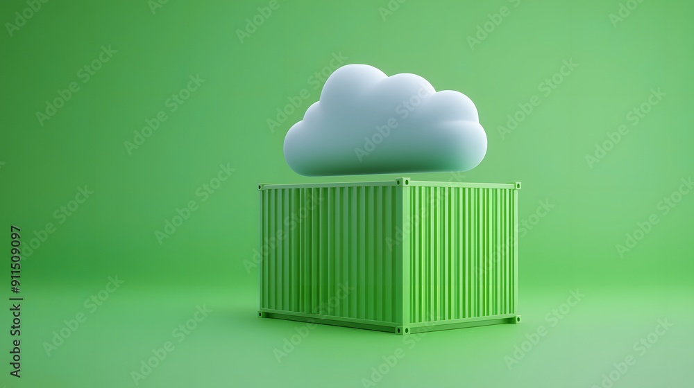 Poster green shipping container with a cloud above it on a green background. conceptual image representing 