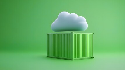 Green shipping container with a cloud above it on a green background. Conceptual image representing cloud storage and logistics innovation.