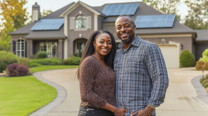 Happy black couple standing in the driveway of their house smiling, solar panels on roof, sunny weather