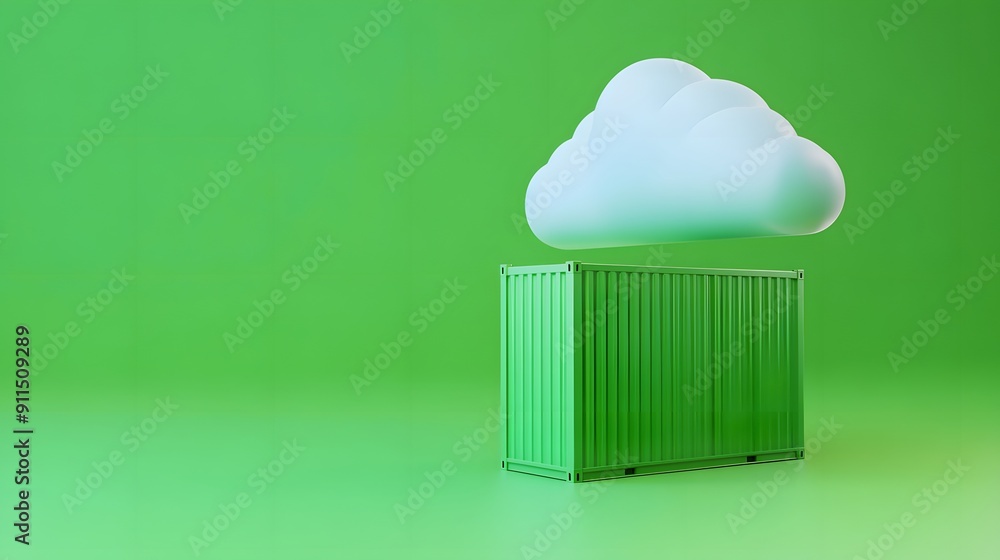 Poster green shipping container with a white cloud above, symbolizing cloud computing and storage solutions