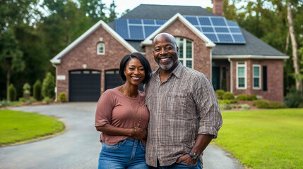 Happy black couple standing in the driveway of their house smiling, solar panels on roof, sunny weather