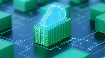 Fototapeta premium Green shipping container with a glowing cloud hologram representing cloud computing, storage, and data transfer concepts.