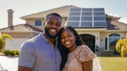 Happy black couple standing in the driveway of their house smiling, solar panels on roof, sunny weather