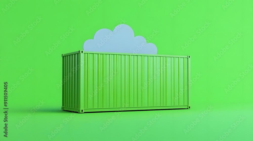 Poster green shipping container with cloud icon on a vibrant green background. concept of cloud storage and