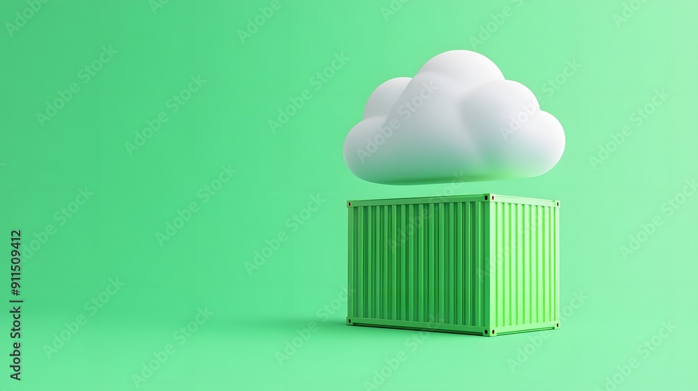 Poster Green shipping container with cloud icon on green background symbolizes cloud storage and data logistics. Minimalistic 3D rendering.