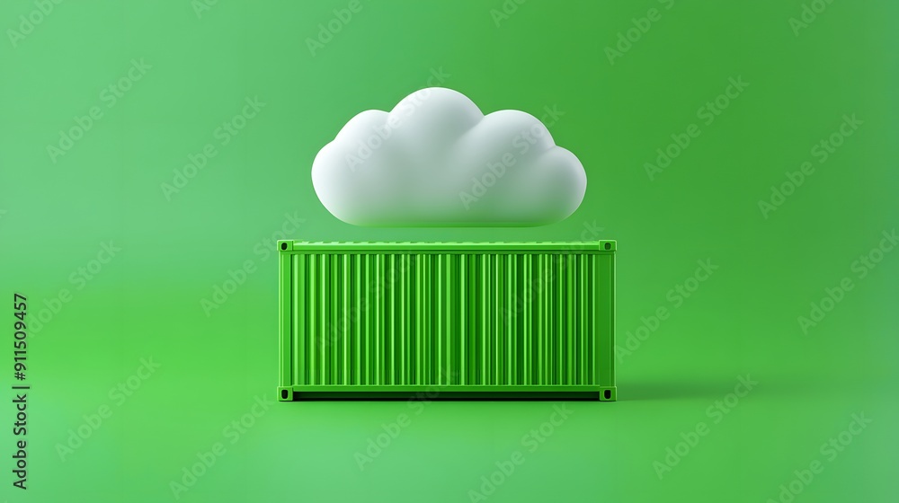 Poster green shipping container with white cloud above it on a vibrant green background. concept of cloud c