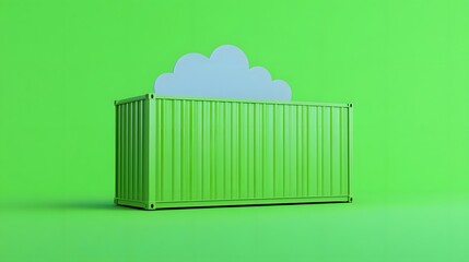Green shipping container with cloud icon on a vibrant green background. Concept of cloud storage and containerization in technology.