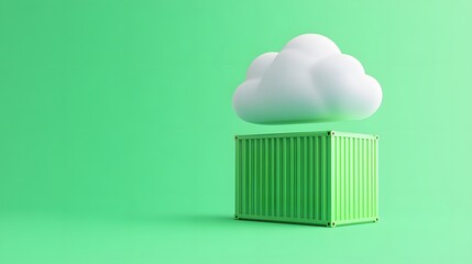 Green shipping container with cloud icon on green background symbolizes cloud storage and data logistics. Minimalistic 3D rendering.
