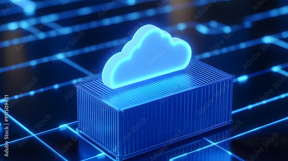 Aufkleber image of a glowing cloud icon on top of a container, representing cloud computing and data storage i