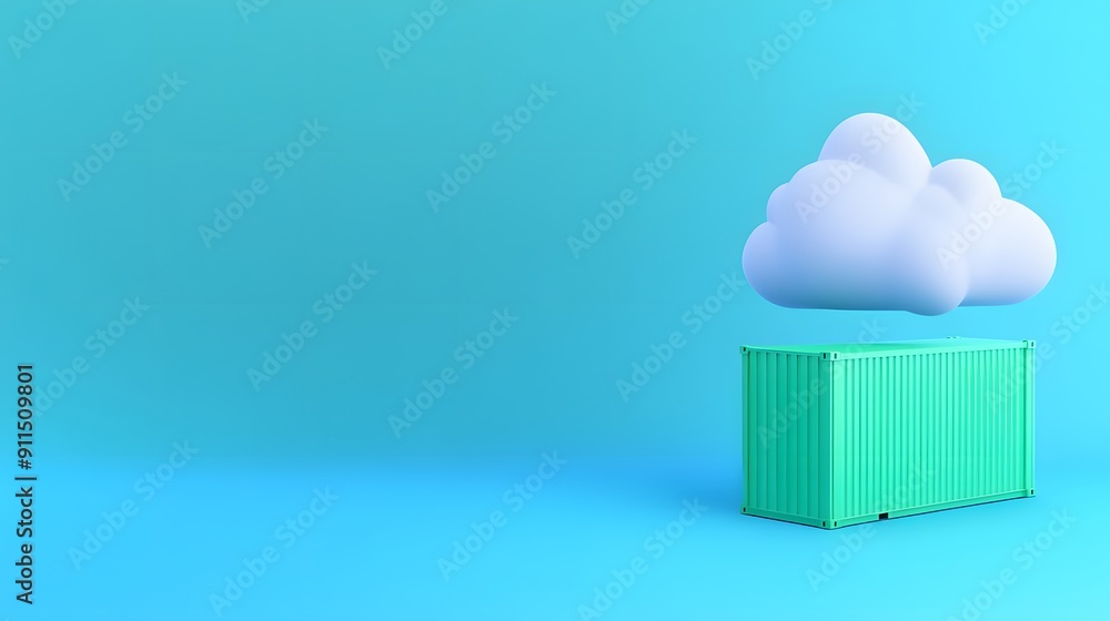 Poster minimalist 3d render of a green shipping container under a cloud on a blue background. concept of cl