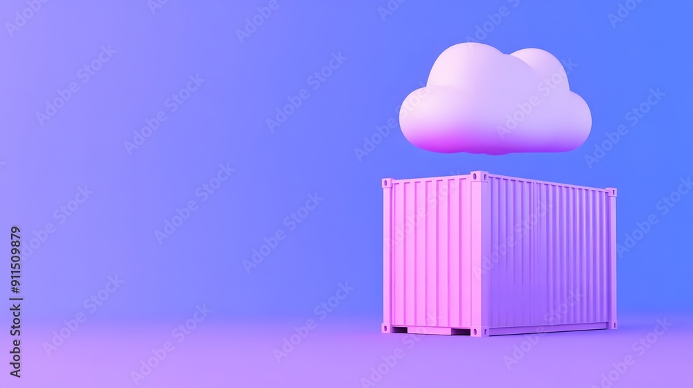 Poster minimalist 3d rendering of a shipping container with a cloud above, in an abstract pink and blue bac