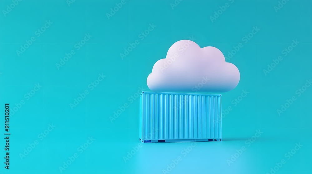 Poster minimalist concept of cloud computing with a single cloud above a container on a bright turquoise ba