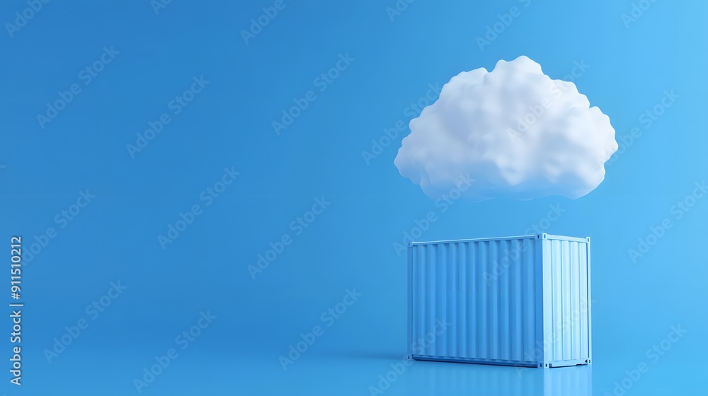 Poster minimalist concept showing a container symbolizing cloud computing and storage against a blue backgr