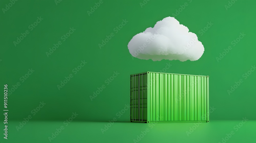 Poster minimalist green cloud computing concept with a cloud hovering above a shipping container, emphasizi