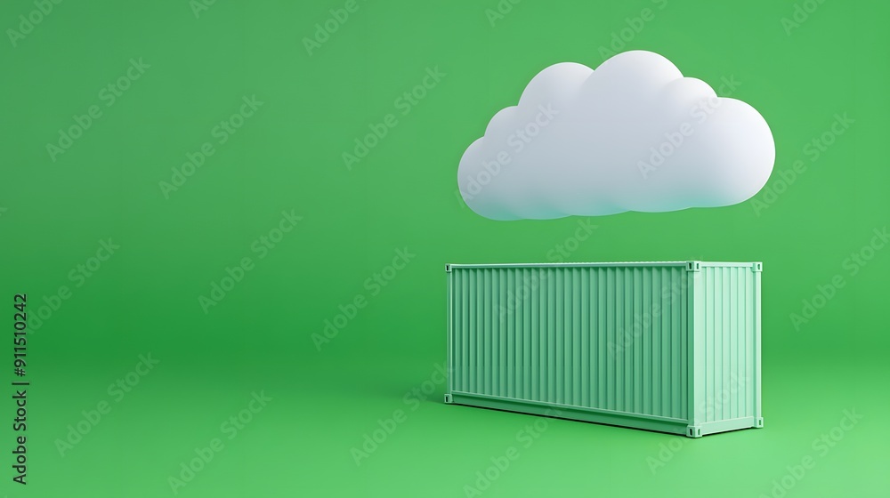 Aufkleber minimalist green background with a floating cloud above a shipping container symbolizing cloud stora