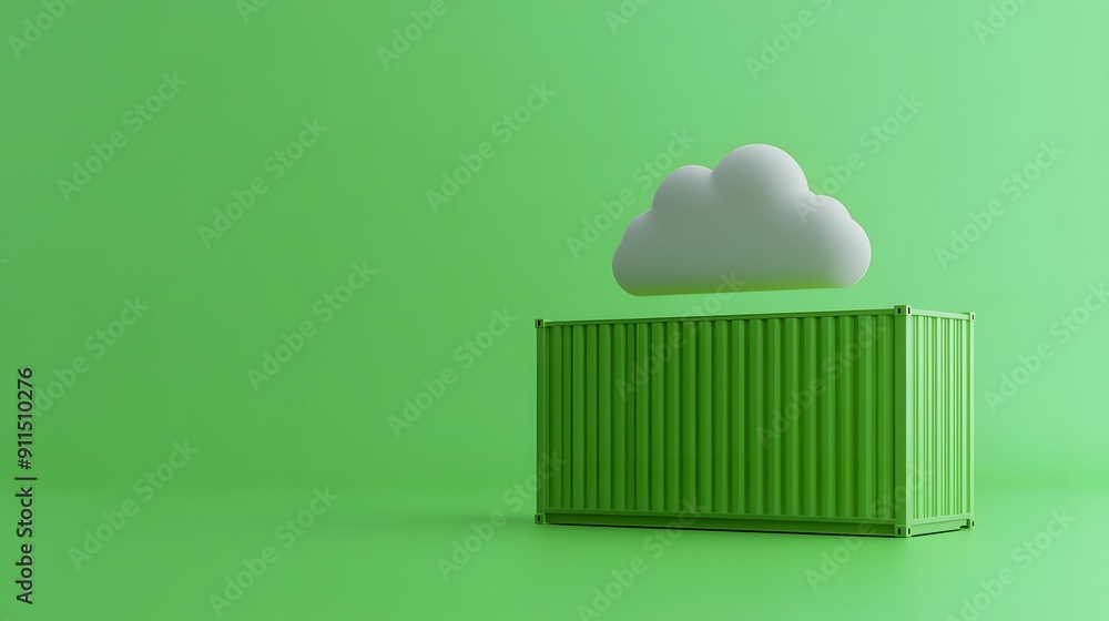 Poster minimalist green shipping container with a cloud on top against a matching green background. concept