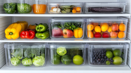 Organized refrigerator shelves stocked with fresh produce in clear containers help keep food fresh and promote healthy eating in a modern kitchen.