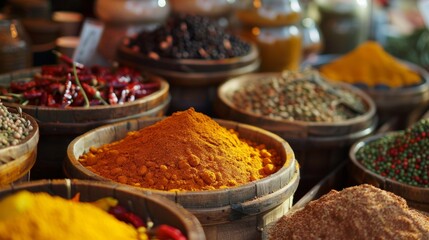 Assorted spices in wooden barrels at a market