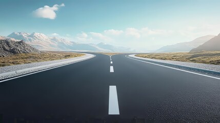 Fototapeta premium The image displays a panoramic view of a highway captured in an ultrawide angle format The road stretches into the distance under a clear sky with majestic mountains forming a picturesque backdrop