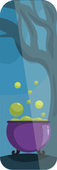 Cartoon illustration of a witch's cauldron bubbling a green potion under a spooky tree at night