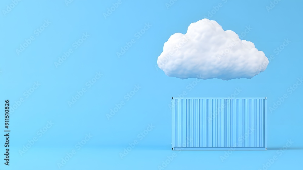 Poster minimalist image of a white cloud over a shipping container on a blue background, symbolizing cloud 
