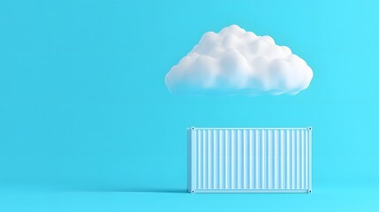 Minimalist image of a white cloud floating above a blue shipping container on a blue background, symbolizing cloud storage and minimalism.