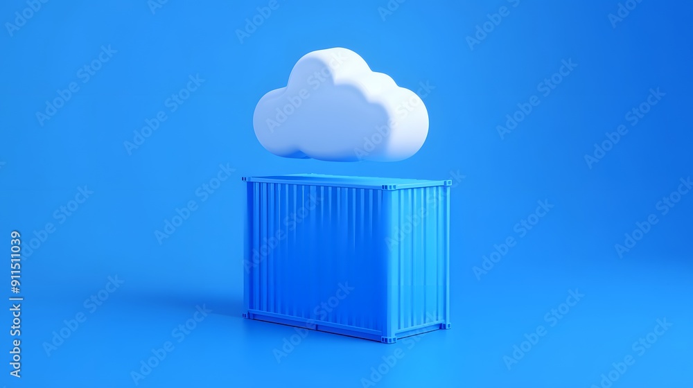 Aufkleber minimalist representation of cloud computing concept with a blue shipping container and a floating c