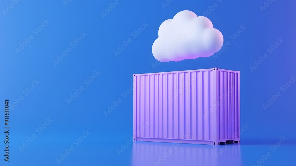 Poster minimalist purple shipping container with a cloud floating above on a blue background. conceptual st