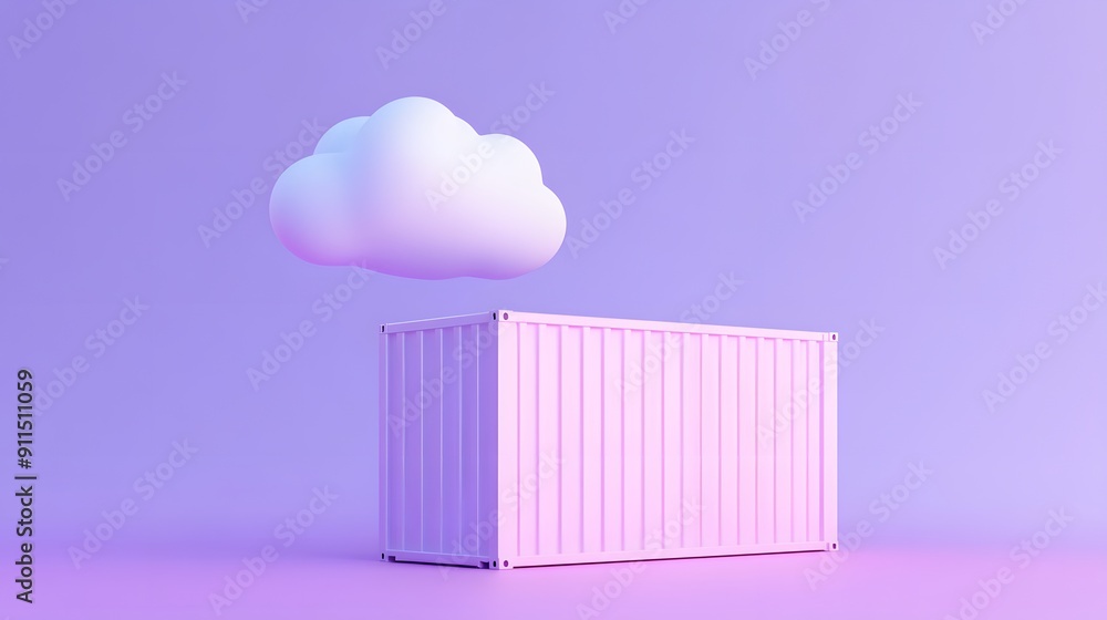 Poster minimalist surreal scene with a pink container and a floating cloud against a purple background. cre