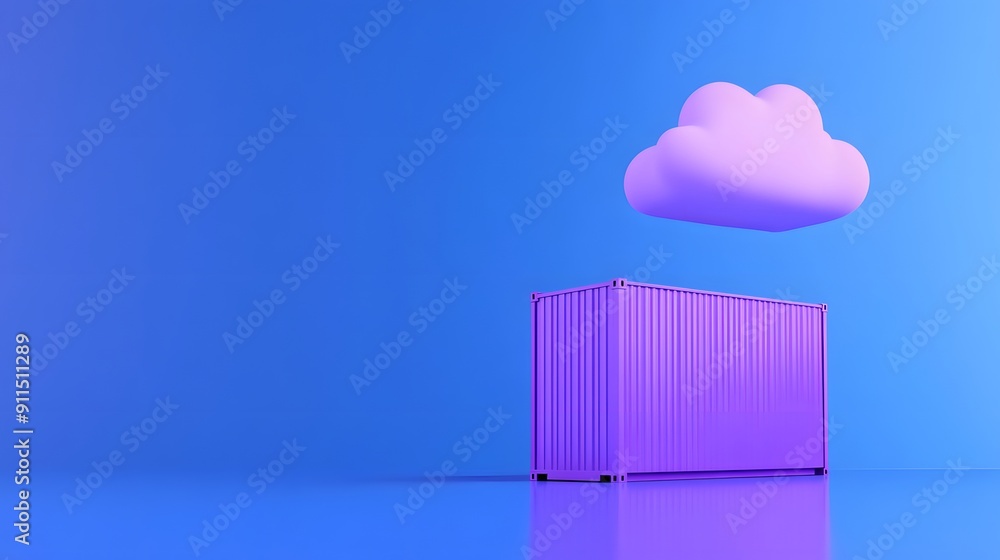 Poster minimalistic 3d illustration of a pink shipping container and floating cloud on a blue background, r