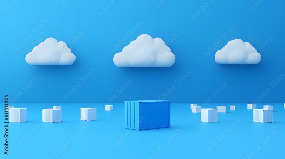 Poster minimalistic 3d rendering of blue cubes and clouds on a blue background, evoking a modern and serene