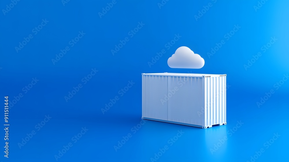 Poster minimalistic blue background featuring a shipping container and a cloud icon, representing cloud sto