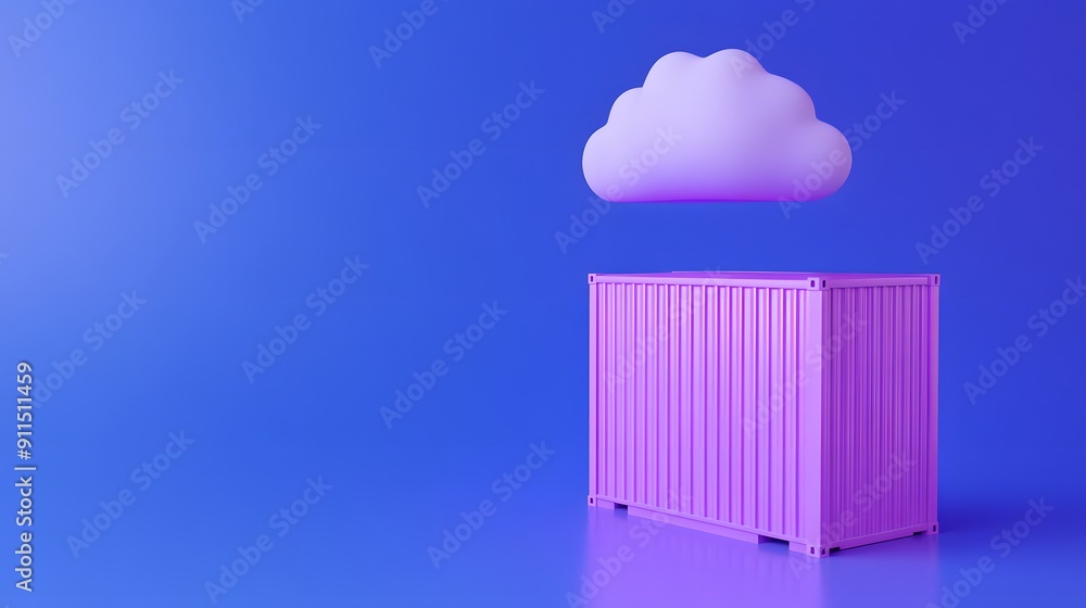 Poster minimalistic 3d rendering of cloud above a pink shipping container on a vibrant blue background. con