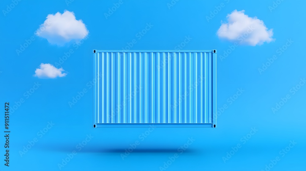 Poster minimalistic blue background featuring a striped rectangle and fluffy clouds, creating a serene and 