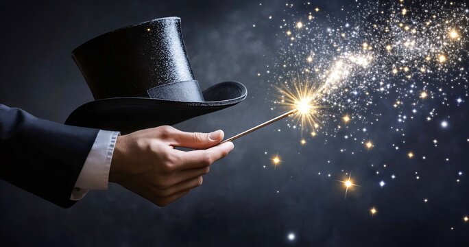 A magician's hand holds a magic wand and black top hat with a star light effect on a grey background