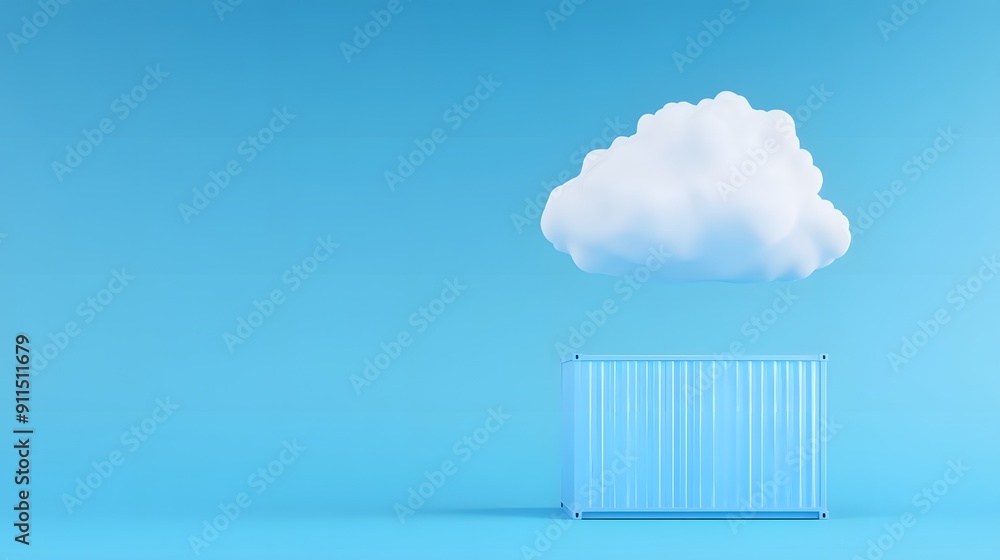 Poster minimalistic blue-toned image of a cloud floating above a shipping container on blue background, sym