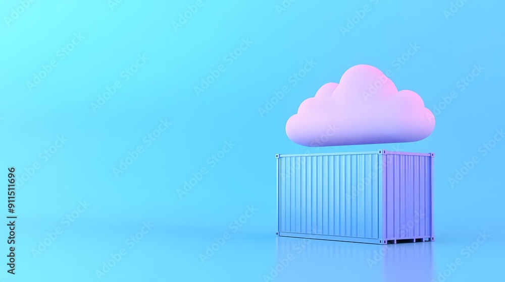 Poster minimalistic cloud computing concept with a glowing cloud above a shipping container on a blue backg