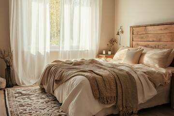 A bedroom with a wooden headboard and a white bedspread. Interior designs