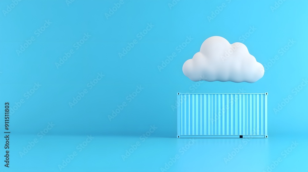 Poster minimalistic concept of cloud computing with a cloud over a shipping container against a blue backgr