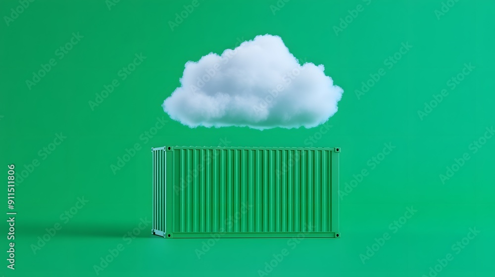 Poster minimalistic composition of a cargo container with a cloud above, set against a green background, re