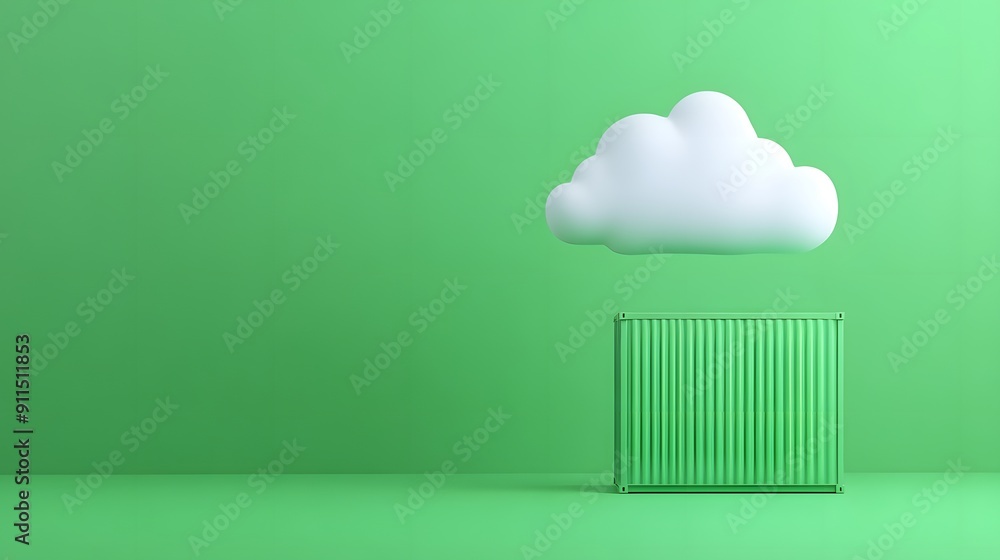 Poster minimalistic green background with a floating white cloud above a striped green structure. conceptua