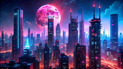 Neon Dreamscape: A Cyberpunk City Under a Crimson Moon AI Generated