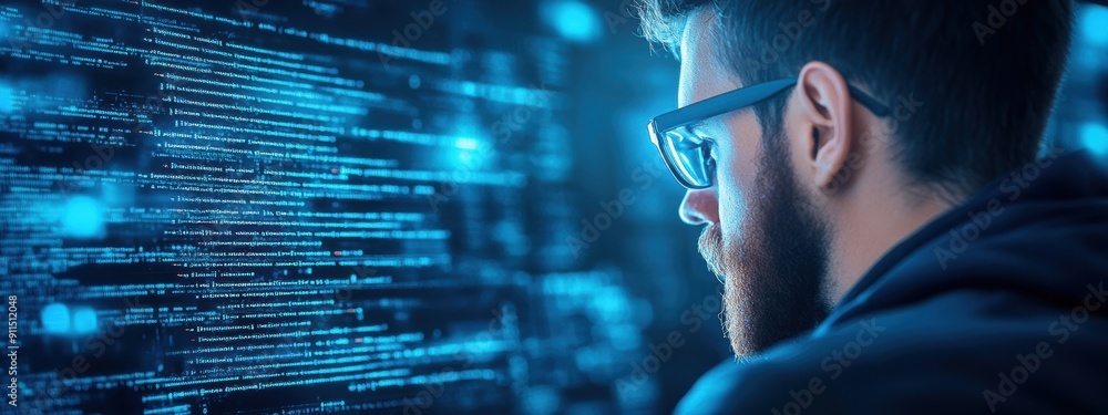 Poster startup, algorithm developer leading an algorithm-based startup, dynamic and innovative workspace