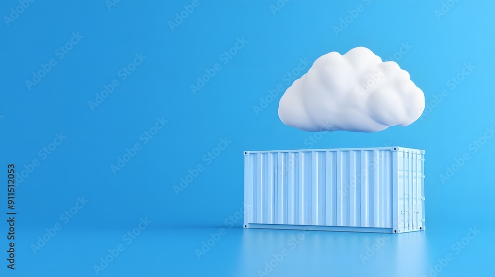 Poster minimalistic image of a cloud hovering above a blue shipping container, symbolizing cloud storage an